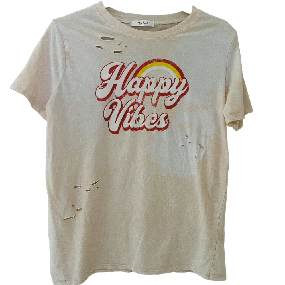 Happy Vibes Vintage Inspired Women's Upcycled Bleached Reworked T-Shirt - Large